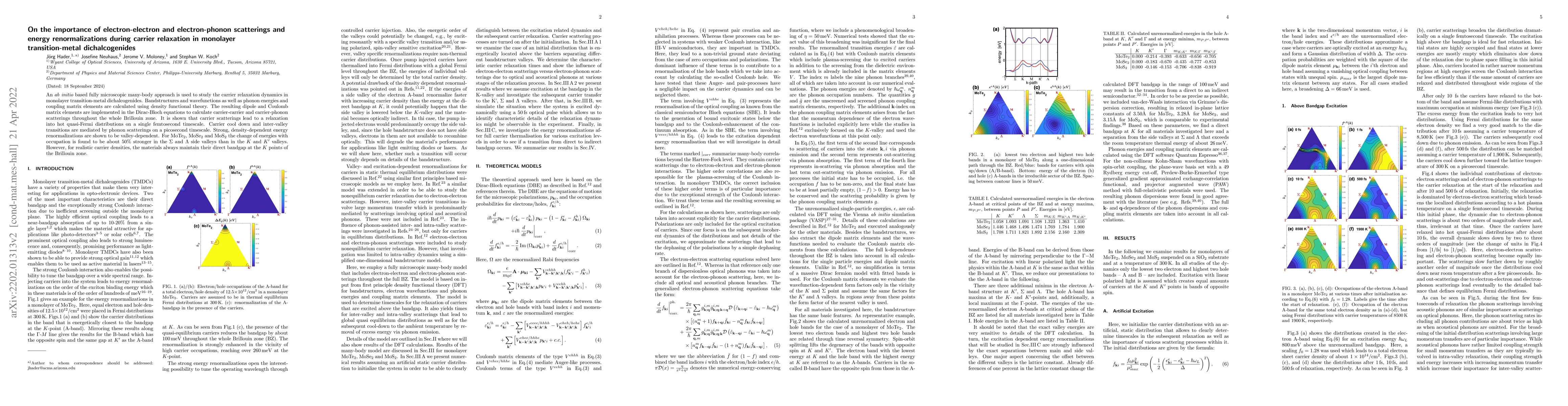 Thumbnail for On the importance of electron-electron and electron-phonon scatterings
  and energy renormalizations during carrier relaxation in monolayer
  transition-metal dichalcogenides