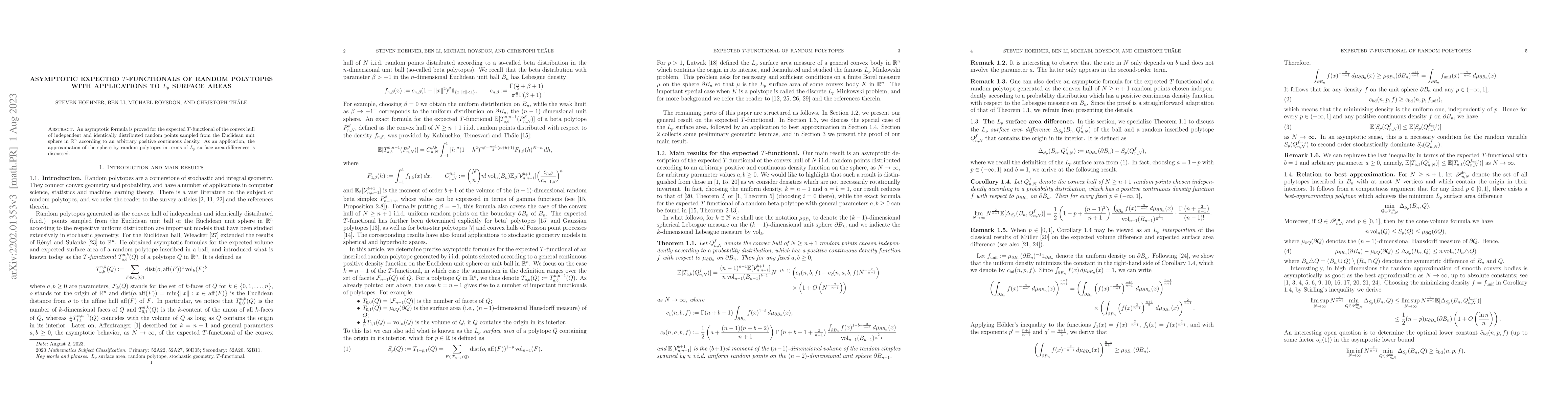 Thumbnail for Asymptotic expected $T$-functionals of random polytopes with
  applications to $L_p$ surface areas