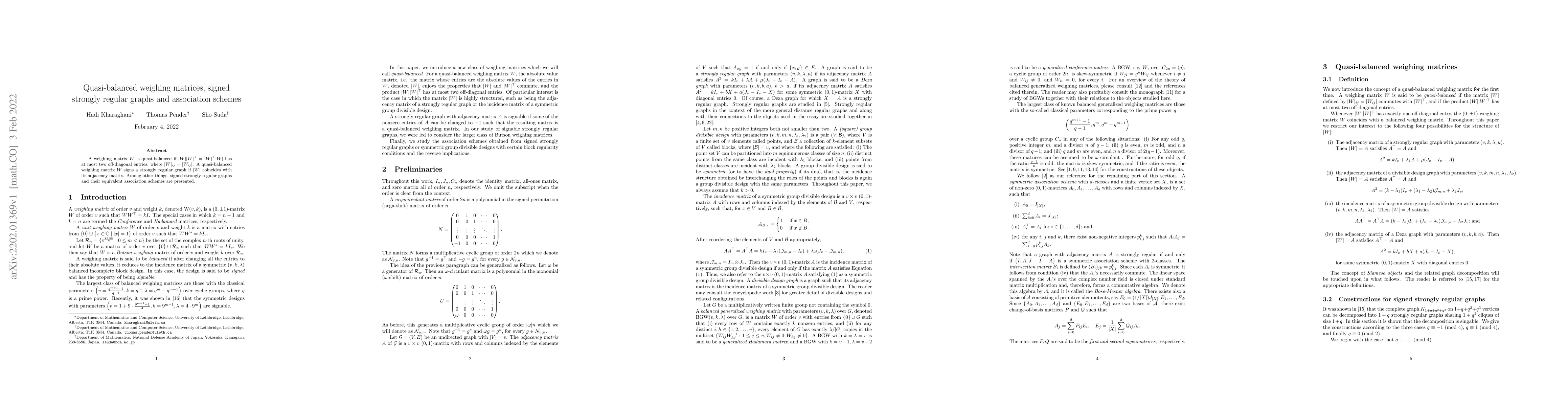 Thumbnail for Quasi-balanced weighing matrices, signed strongly regular graphs and
  association schemes