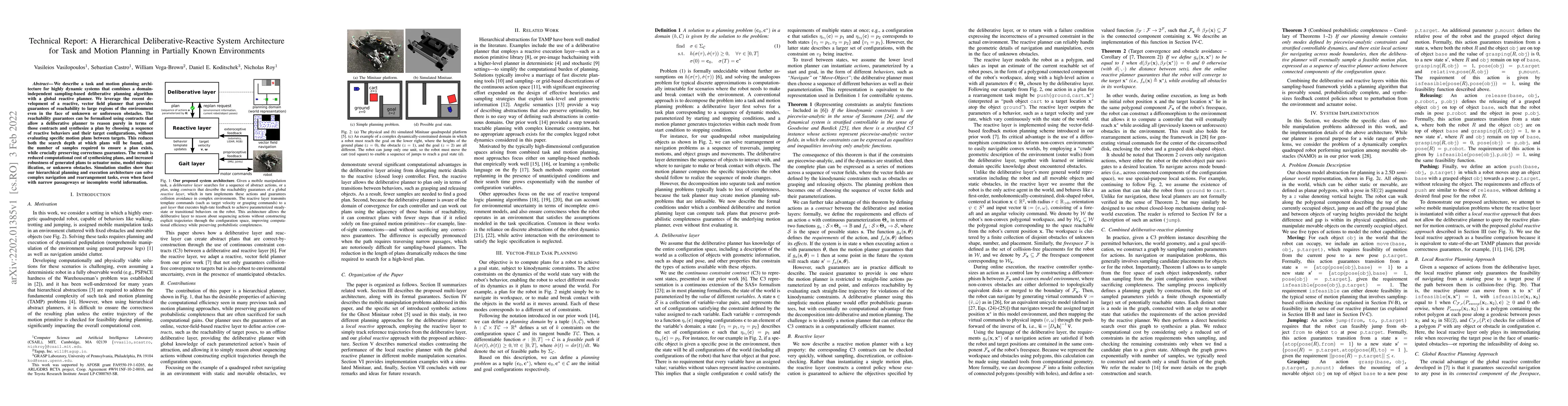 Thumbnail for Technical Report: A Hierarchical Deliberative-Reactive System
  Architecture for Task and Motion Planning in Partially Known Environments