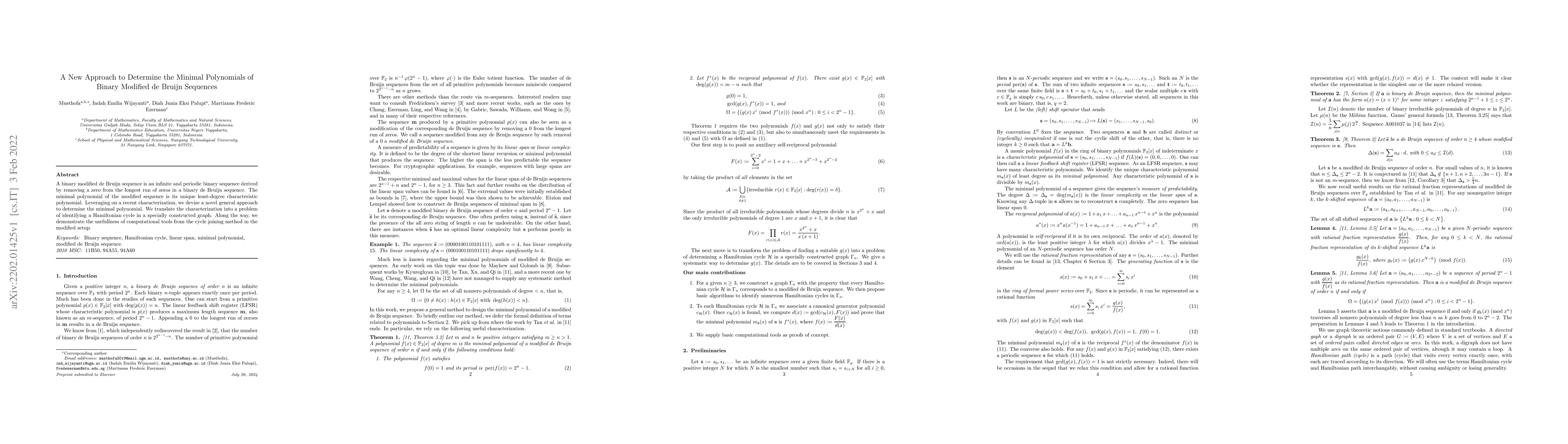 Thumbnail for A New Approach to Determine the Minimal Polynomials of Binary Modified
  de Bruijn Sequences