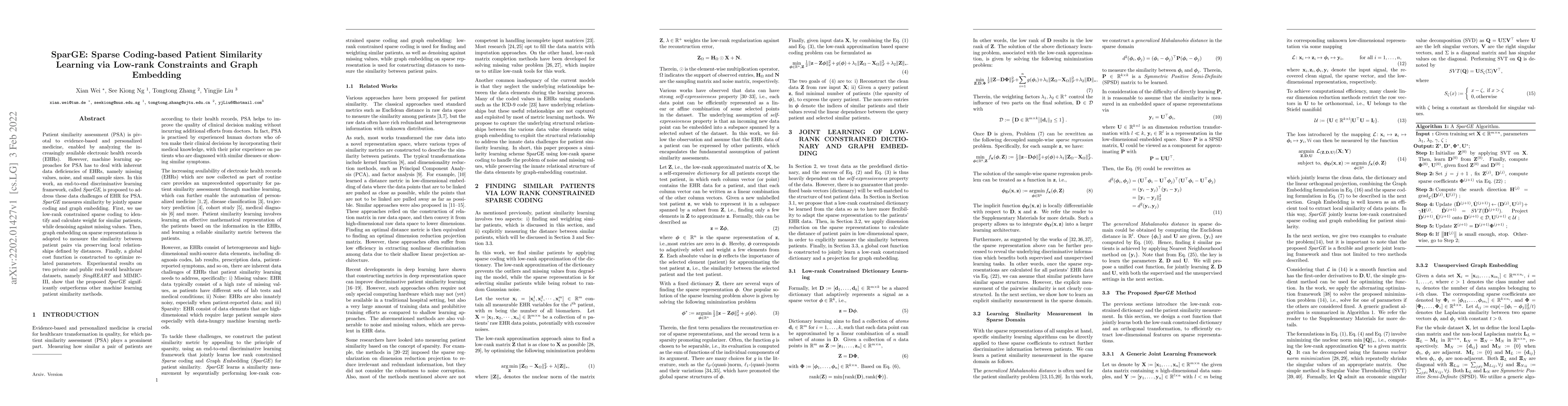 Thumbnail for SparGE: Sparse Coding-based Patient Similarity Learning via Low-rank
  Constraints and Graph Embedding