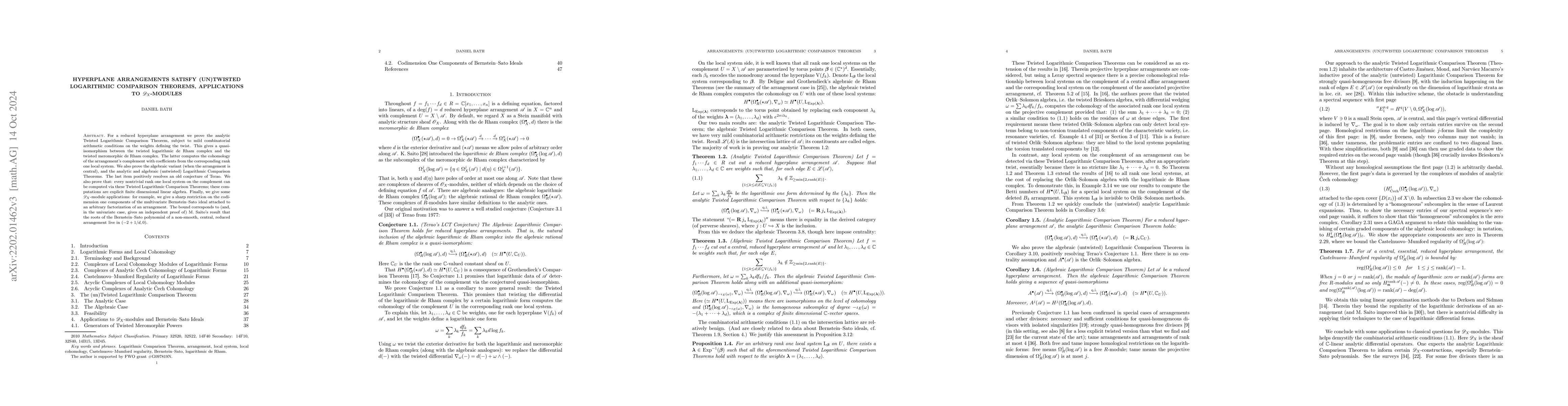 Thumbnail for Hyperplane Arrangements Satisfy (un)Twisted Logarithmic Comparison
  Theorems, Applications to $\mathscr{D}_{X}$-modules