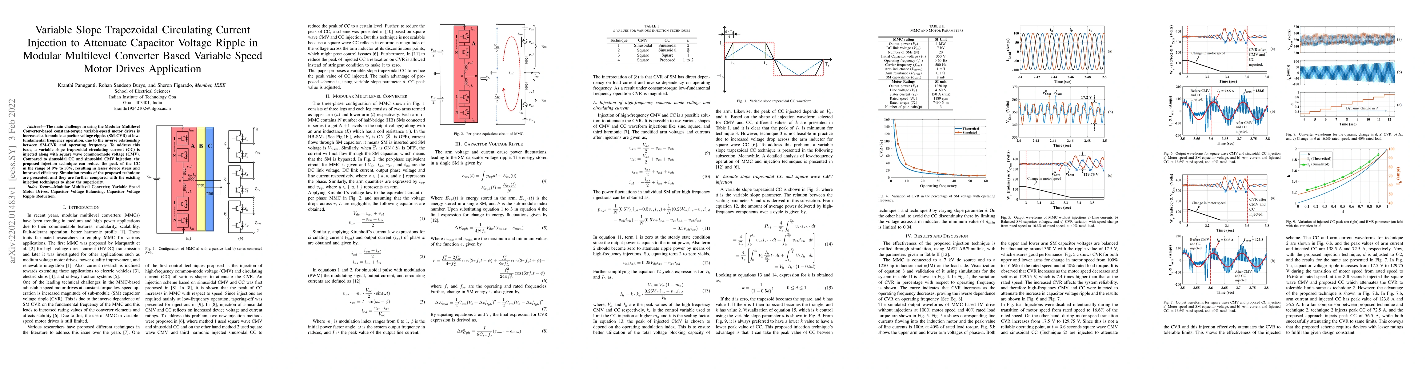 Thumbnail for Variable Slope Trapezoidal Circulating Current Injection to Attenuate
  Capacitor Voltage Ripple in Modular Multilevel Converter Based Variable Speed
  Motor Drives Application