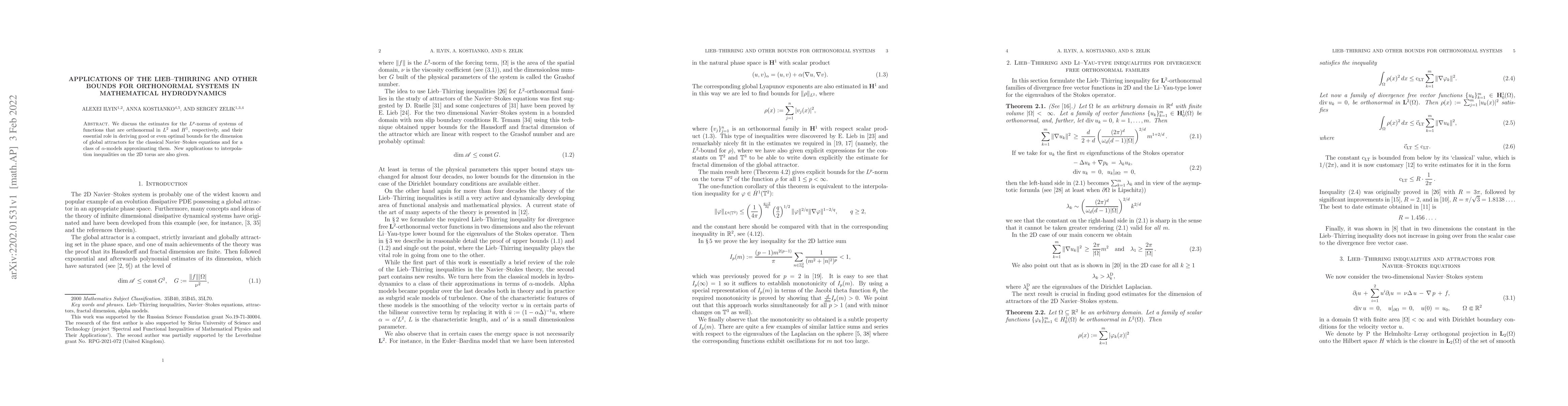Thumbnail for Applications of the Lieb--Thirring and other bounds for orthonormal
  systems in mathematical hydrodynamics