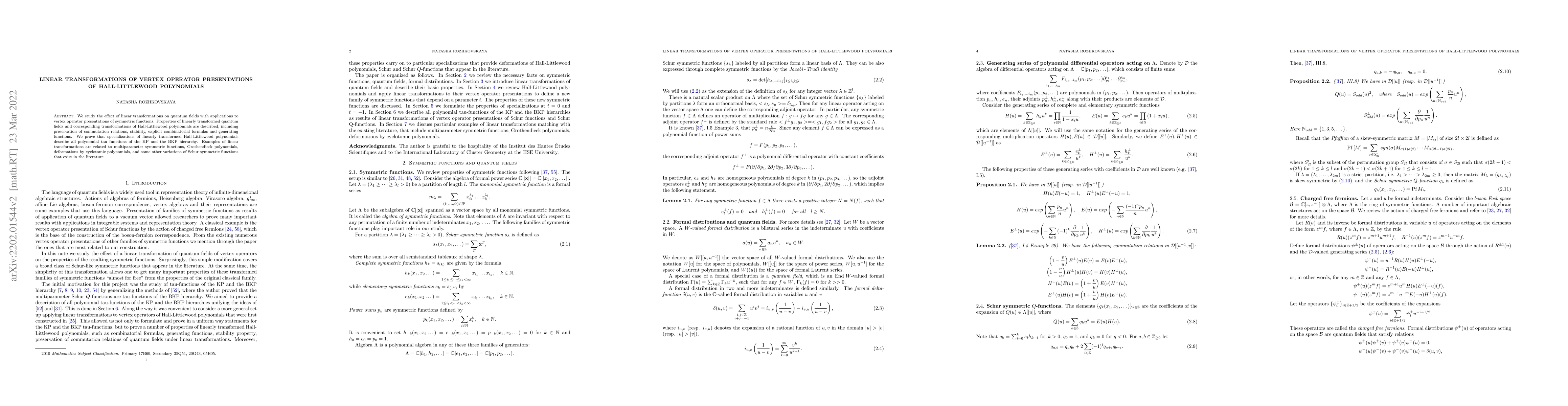 Thumbnail for Linear transformations of vertex operator presentations of
  Hall-Littlewood polynomials