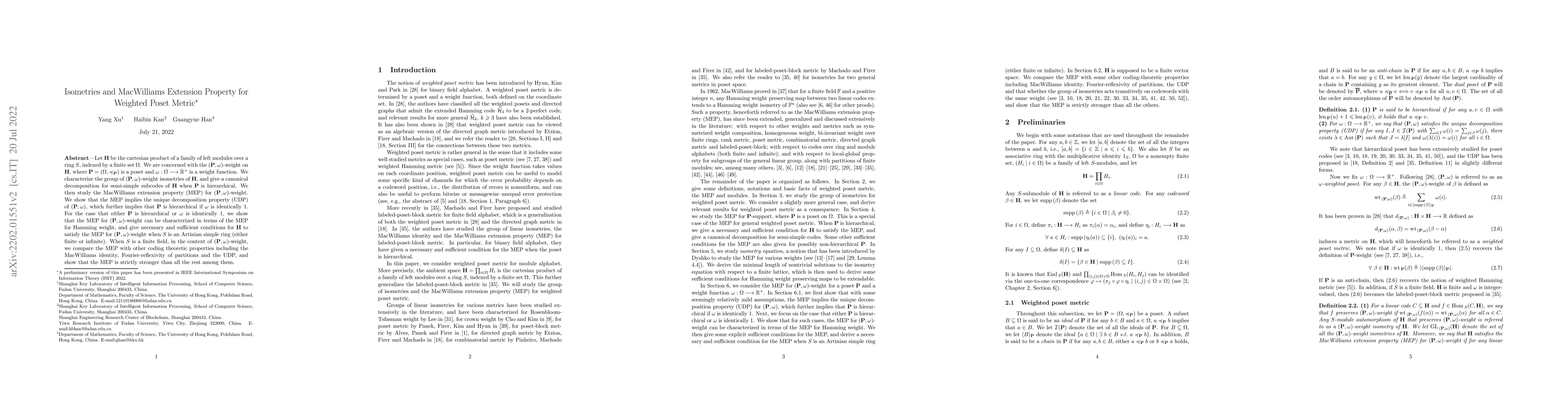Thumbnail for Isometries and MacWilliams Extension Property for Weighted Poset Metric
