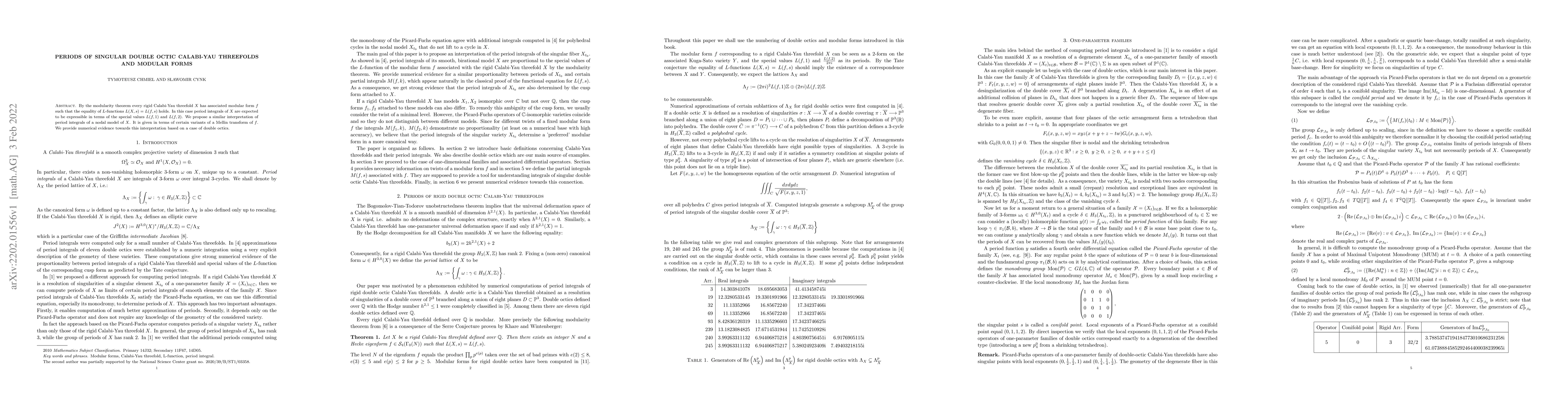 Thumbnail for Periods of singular double octic Calabi-Yau threefolds and modular forms