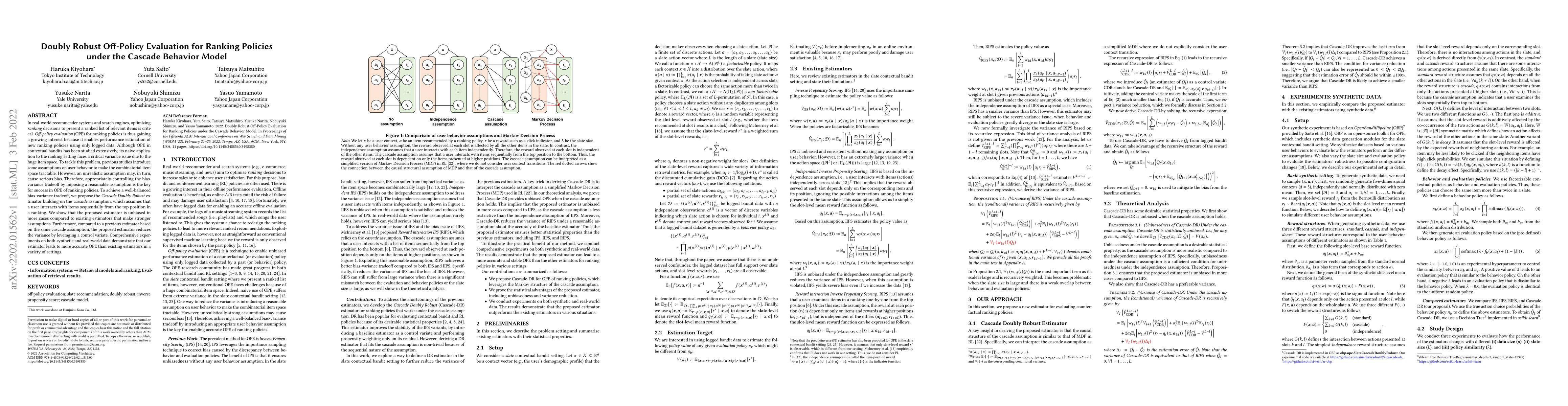 Thumbnail for Doubly Robust Off-Policy Evaluation for Ranking Policies under the
  Cascade Behavior Model