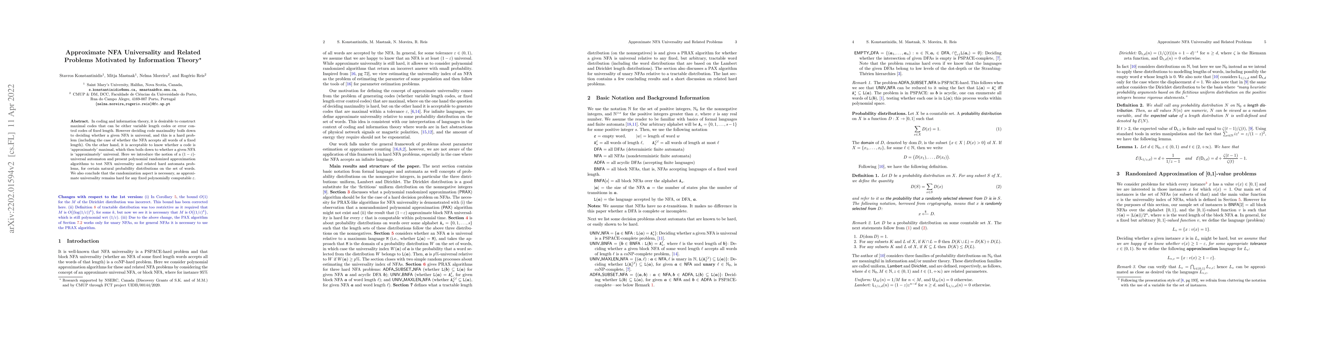 Thumbnail for Approximate NFA Universality and Related Problems Motivated by
  Information Theory