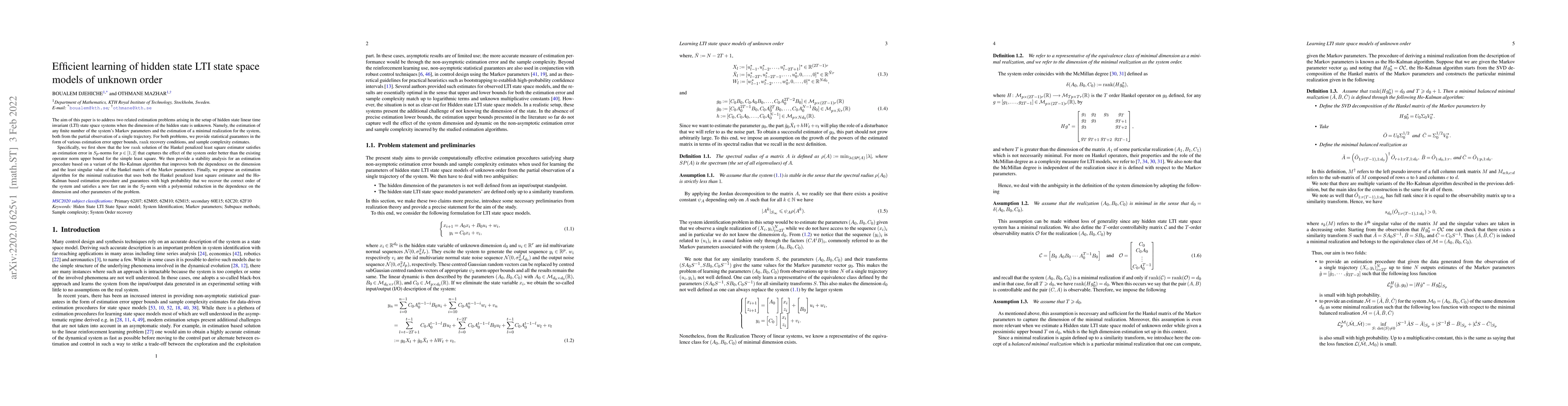 Thumbnail for Efficient learning of hidden state LTI state space models of unknown
  order