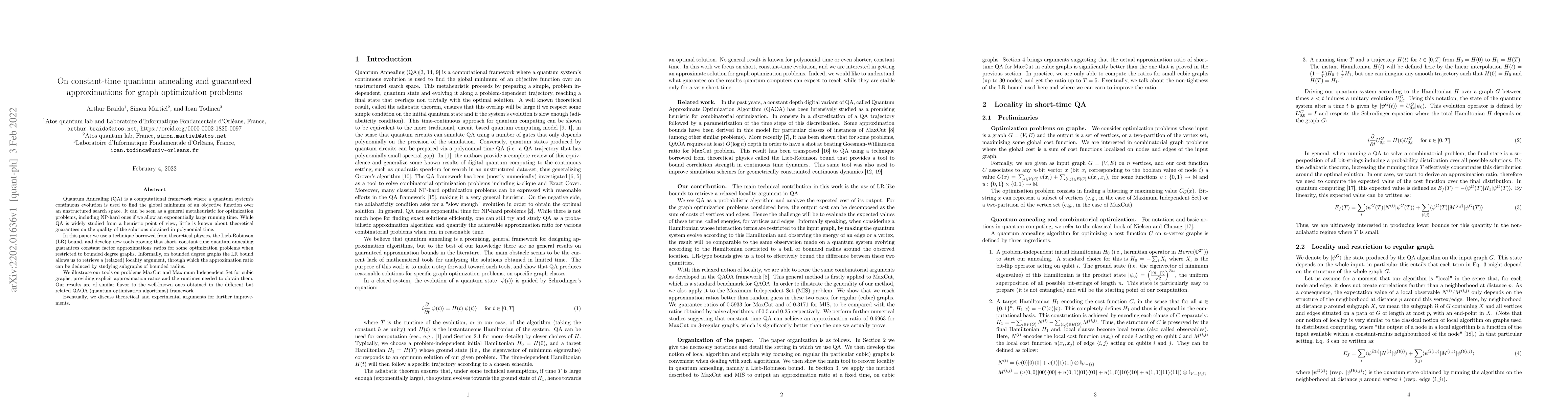 Thumbnail for On constant-time quantum annealing and guaranteed approximations for
  graph optimization problems