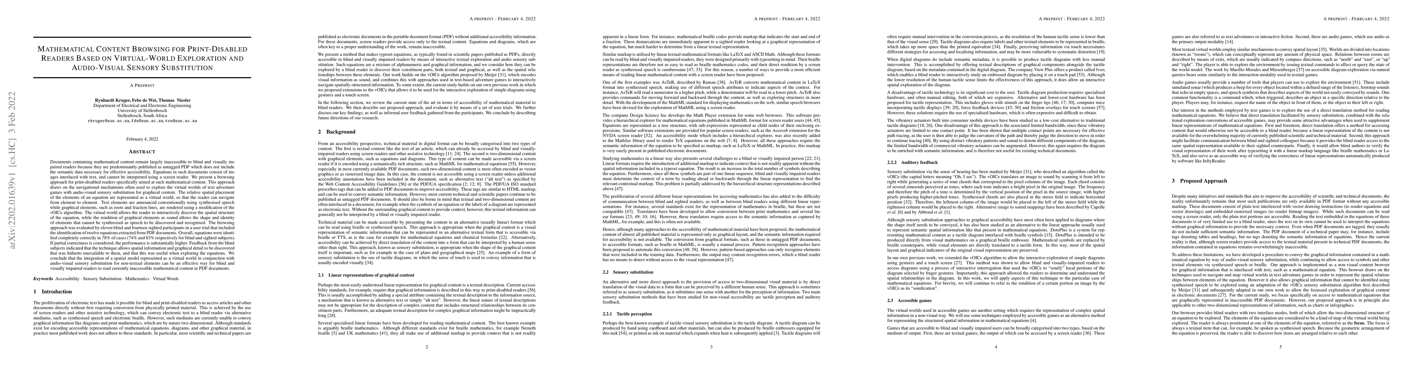 Thumbnail for Mathematical Content Browsing for Print-Disabled Readers Based on
  Virtual-World Exploration and Audio-Visual Sensory substitution