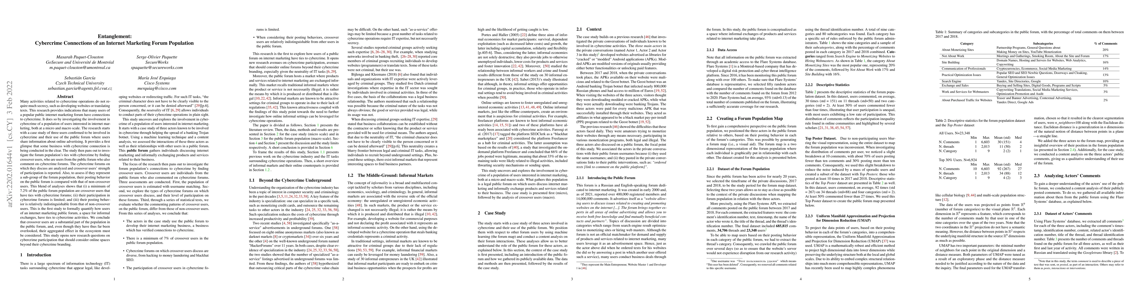 Thumbnail for Entanglement: Cybercrime Connections of an Internet Marketing Forum
  Population