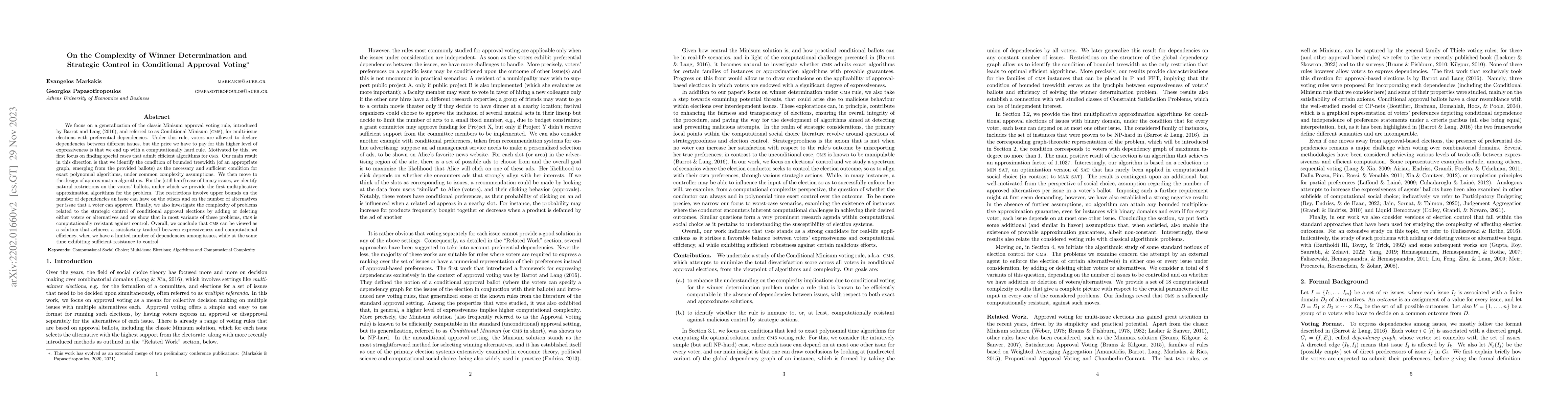 Thumbnail for On the Complexity of Winner Determination and Strategic Control in
  Conditional Approval Voting
