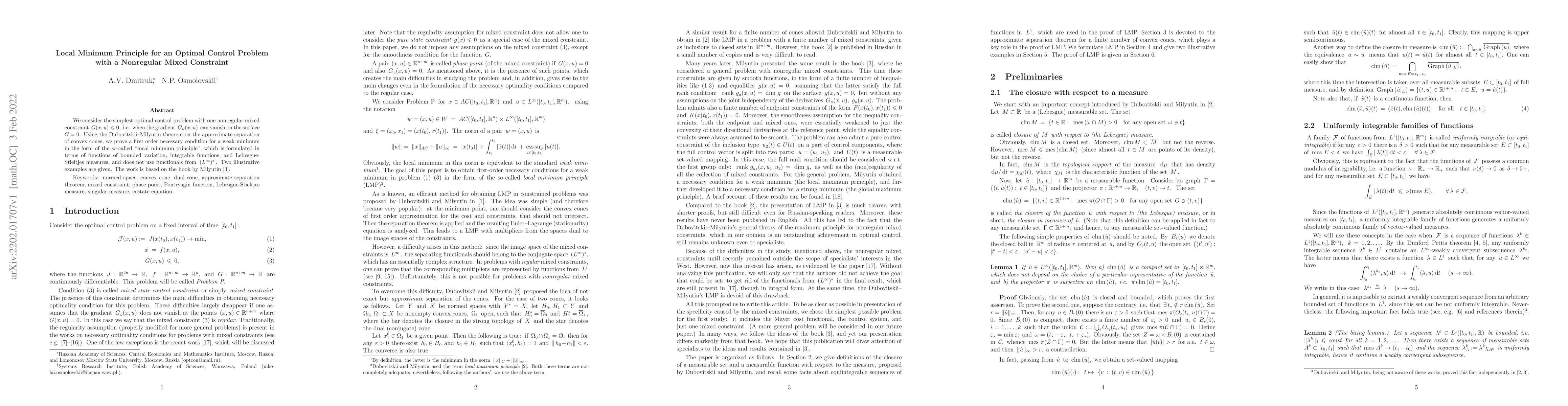 Thumbnail for Local Minimum Principle for an Optimal Control Problem with a Nonregular
  Mixed Constraint
