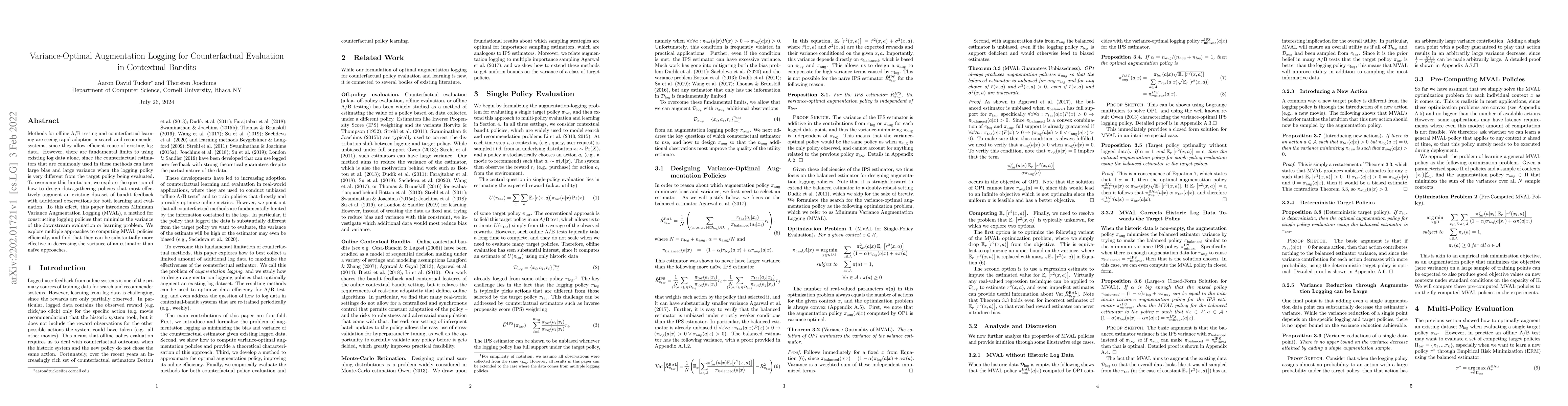Thumbnail for Variance-Optimal Augmentation Logging for Counterfactual Evaluation in
  Contextual Bandits
