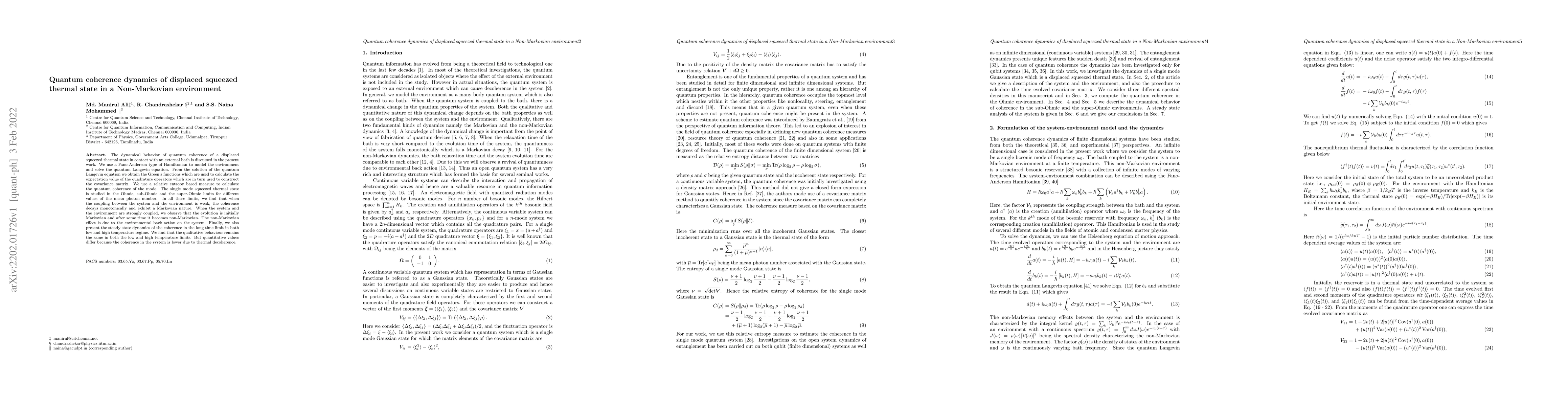 Thumbnail for Quantum coherence dynamics of displaced squeezed thermal state in a
  Non-Markovian environment