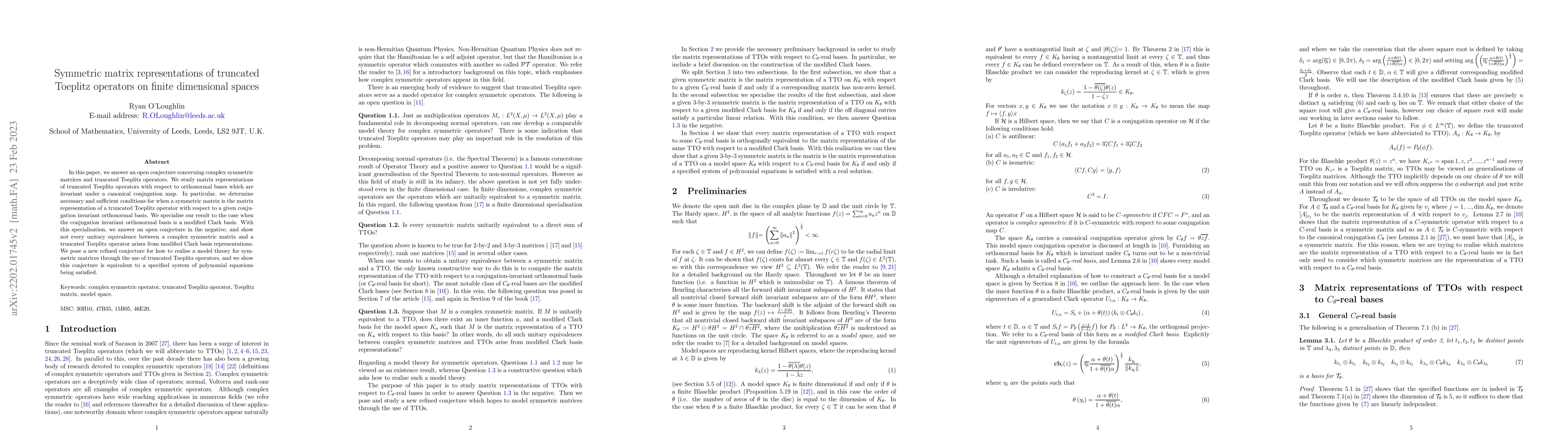 Thumbnail for Symmetric matrix representations of truncated Toeplitz operators on
  finite dimensional spaces