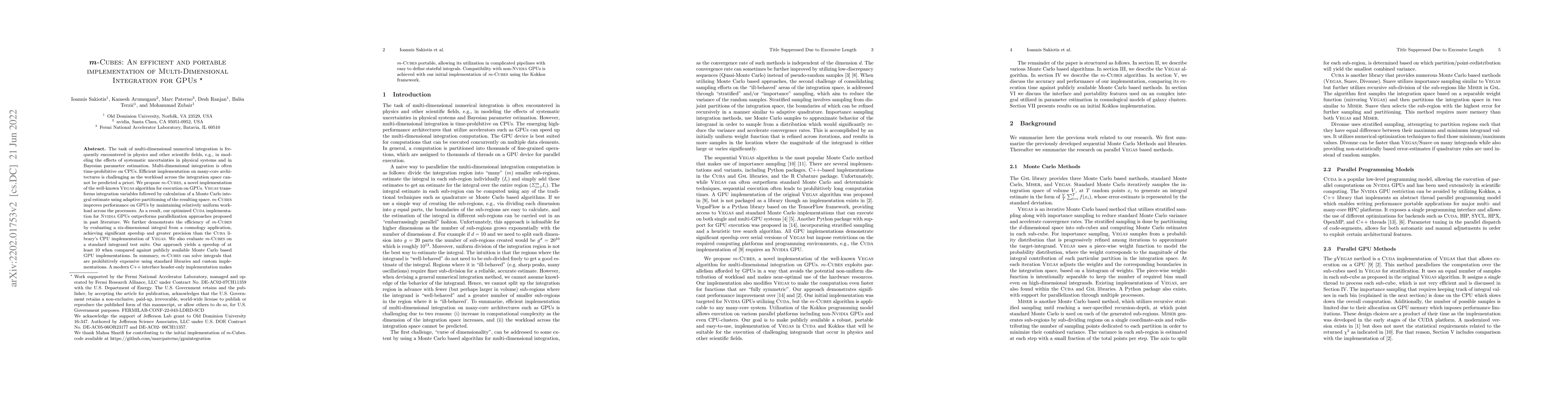 Thumbnail for m-CUBES An efficient and portable implementation of multi-dimensional
  integration for gpus