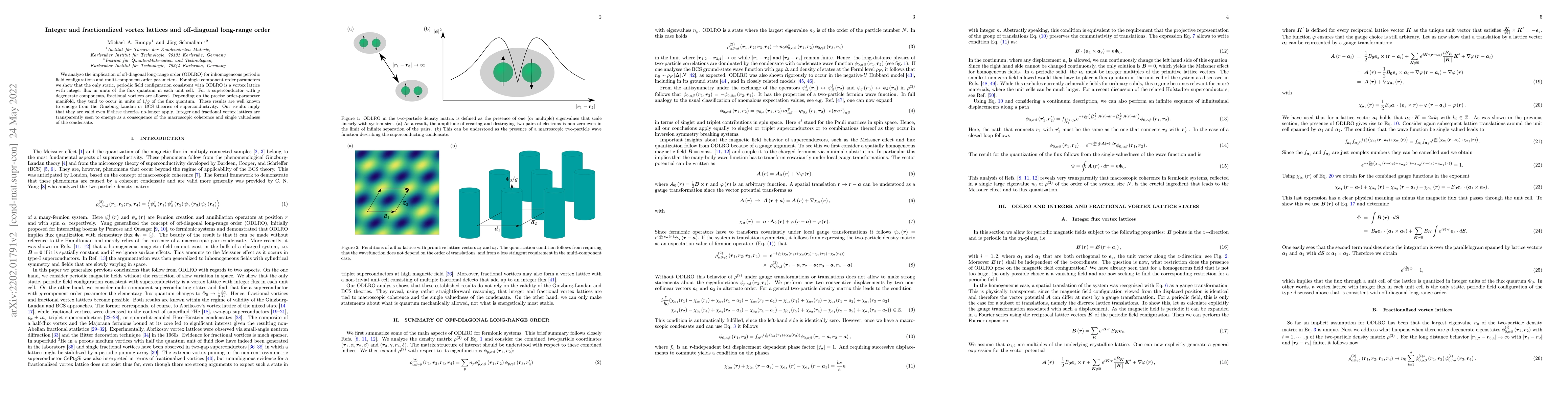 Thumbnail for Integer and fractionalized vortex lattices and off-diagonal long-range
  order