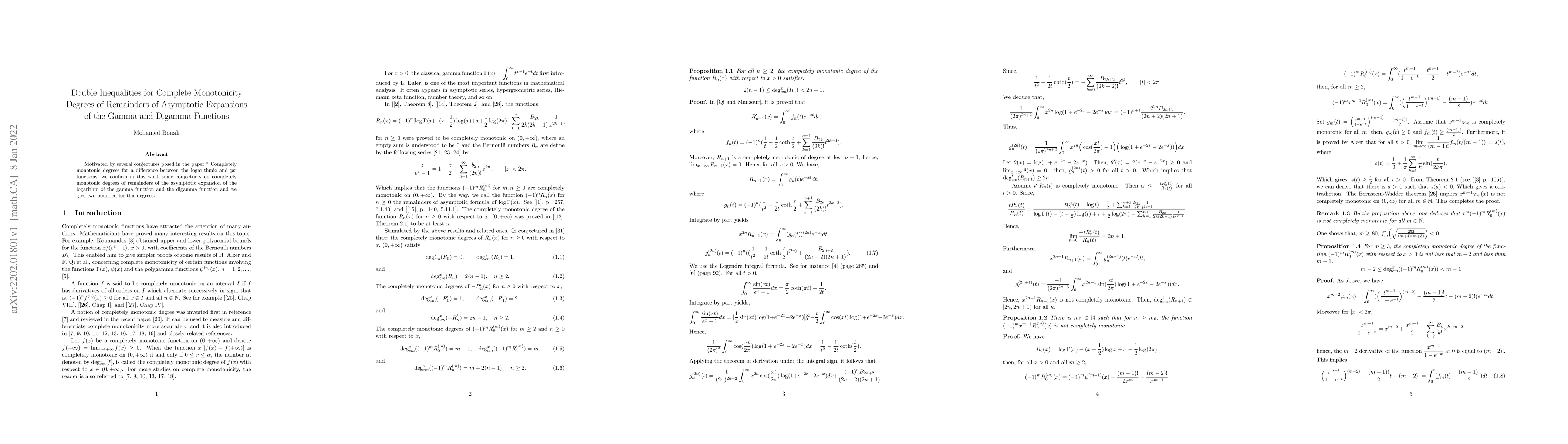 Thumbnail for Double Inequalities for Complete Monotonicity Degrees of Remainders of
  Asymptotic Expansions of the Gamma and Digamma Functions