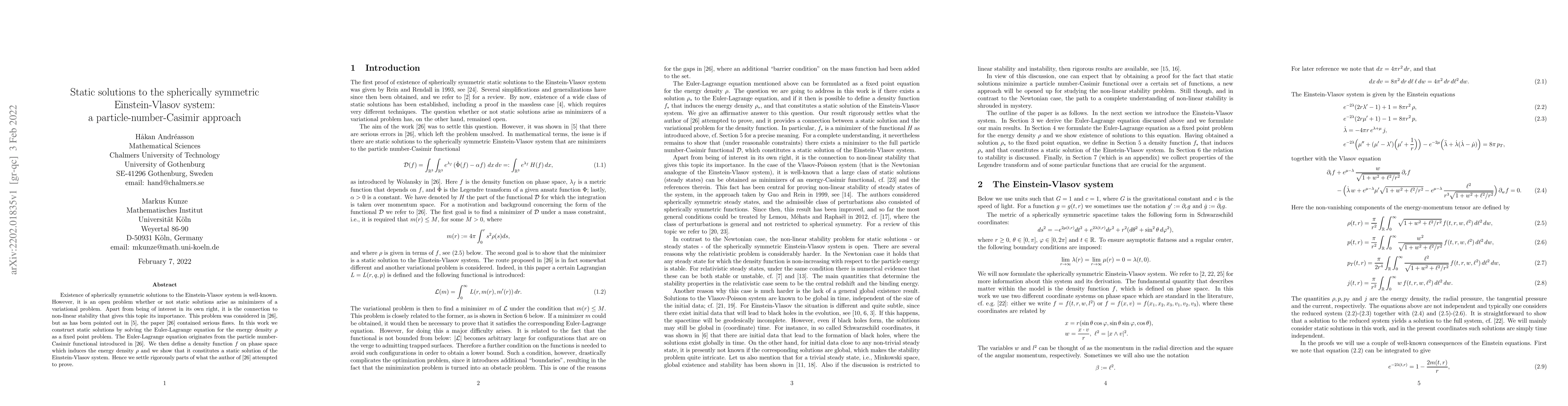 Thumbnail for Static solutions to the spherically symmetric Einstein-Vlasov system: a
  particle-number-Casimir approach