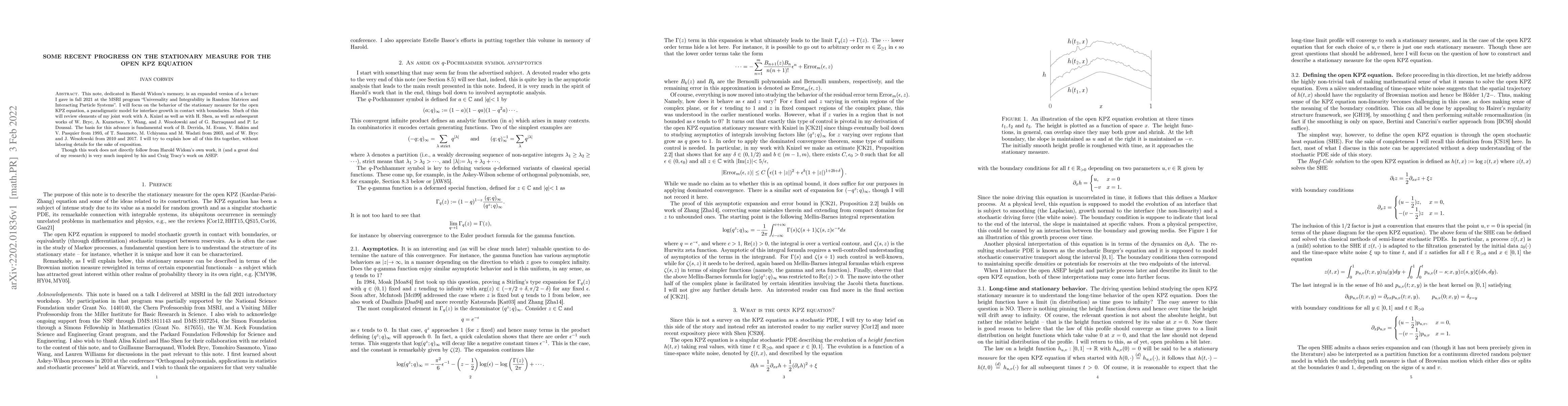 Thumbnail for Some recent progress on the stationary measure for the open KPZ equation