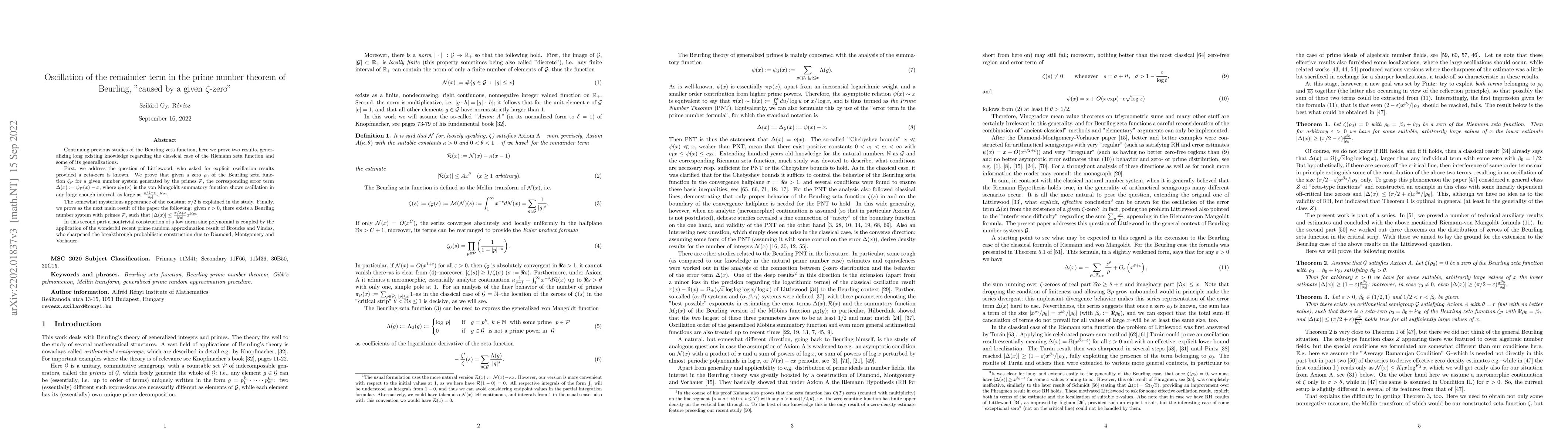 Thumbnail for Oscillation of the remainder term in the prime number theorem of
  Beurling, "caused by a given zeta-zero"