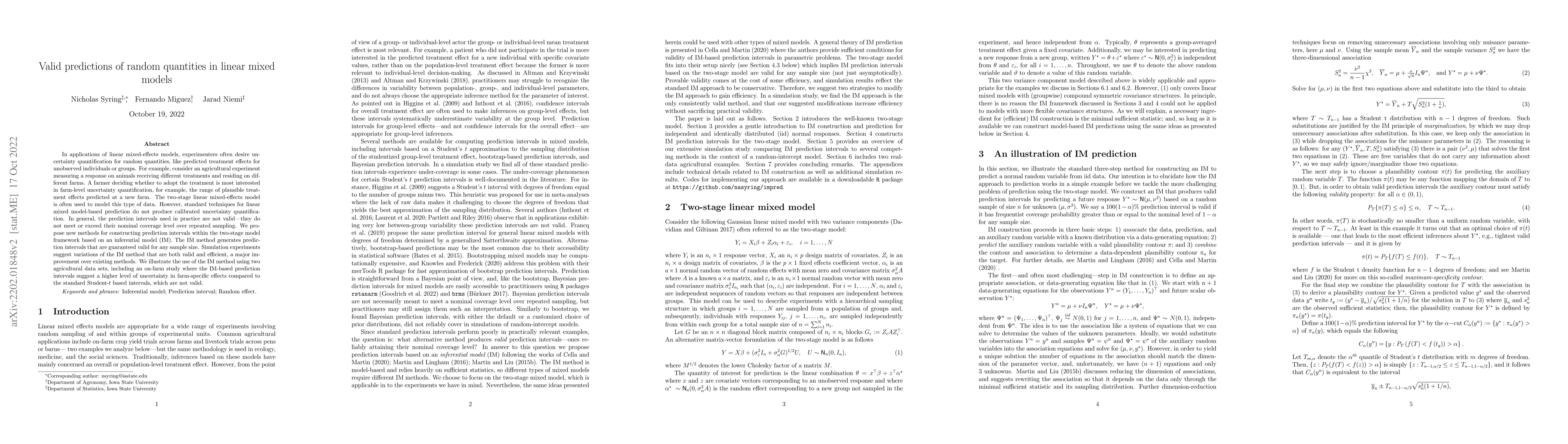 Thumbnail for Valid predictions of random quantities in linear mixed models