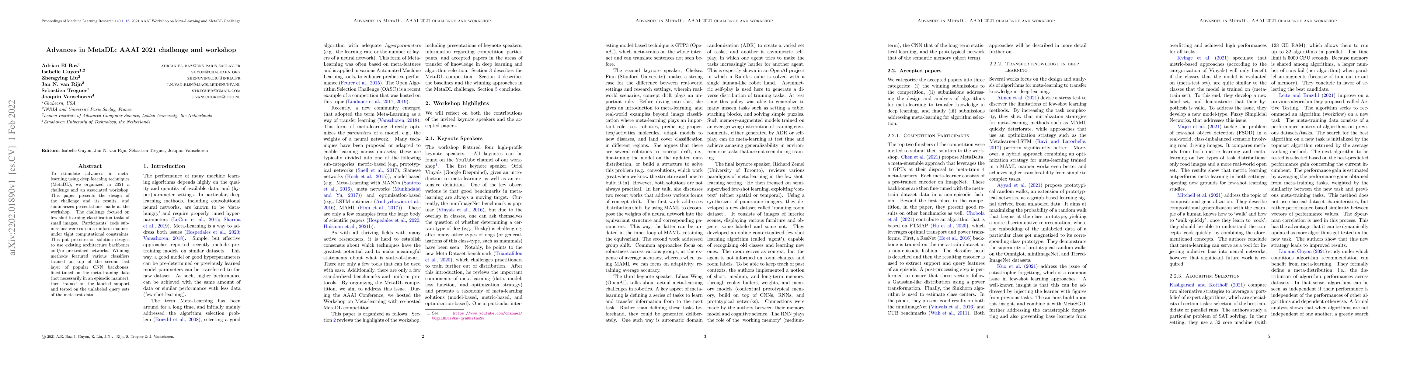 Thumbnail for Advances in MetaDL: AAAI 2021 challenge and workshop