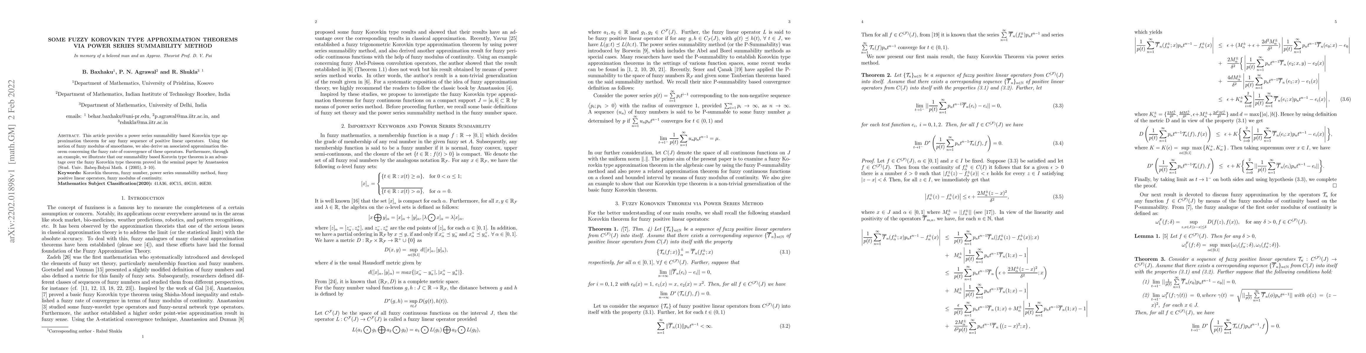 Thumbnail for Some Fuzzy Korovkin type Approximation Theorems via Power Series
  Summability Method