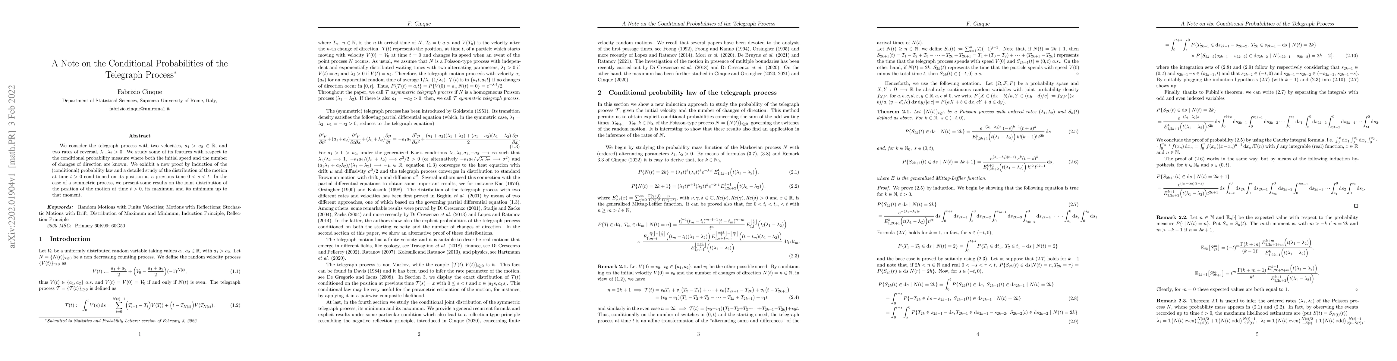 Thumbnail for A Note on the Conditional Probabilities of the Telegraph Process