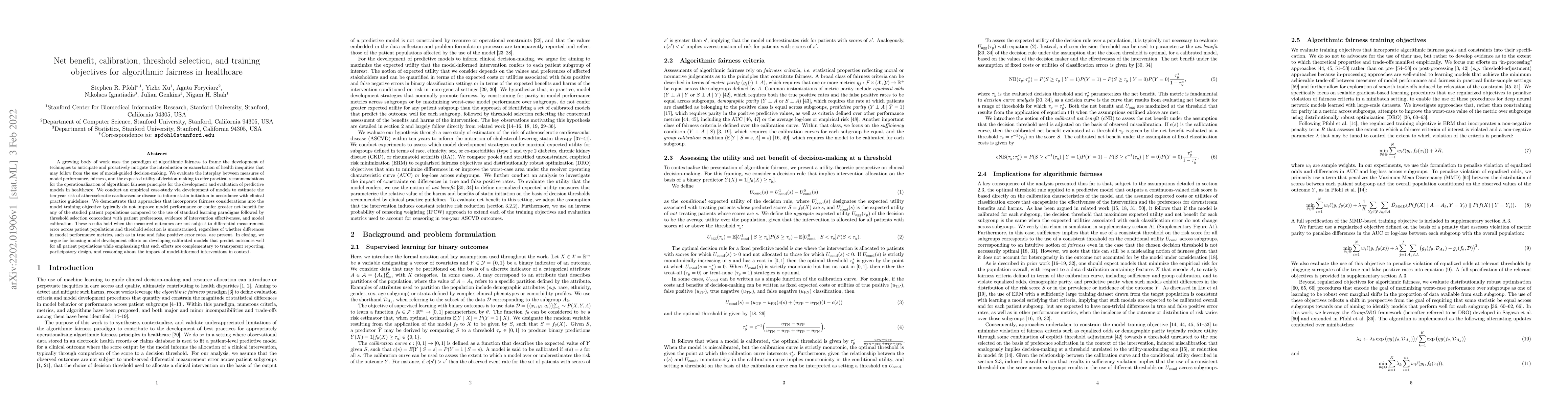 Thumbnail for Net benefit, calibration, threshold selection, and training objectives
  for algorithmic fairness in healthcare