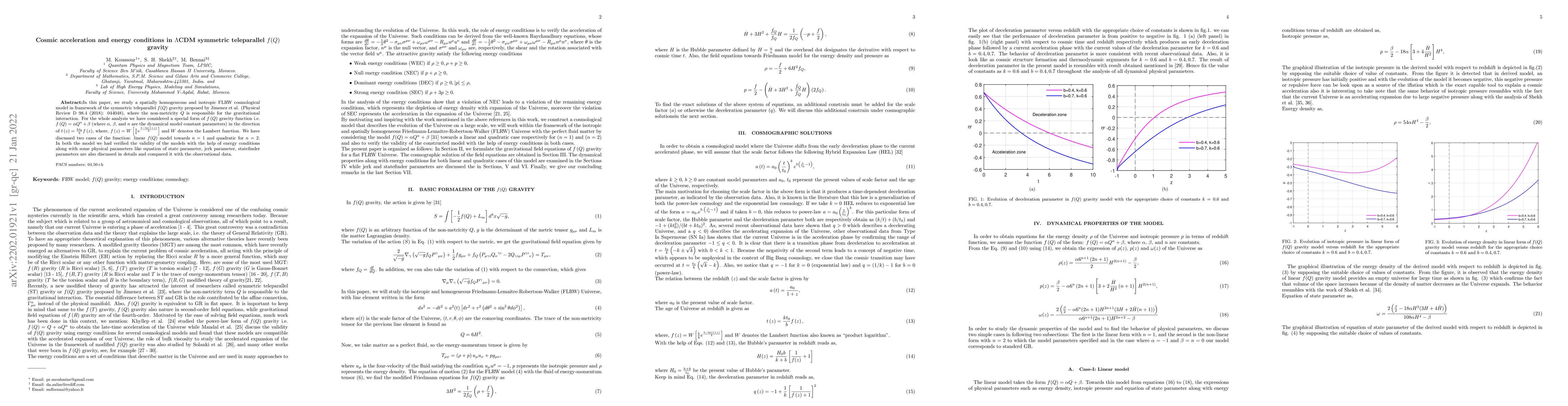 Thumbnail for Cosmic acceleration and energy conditions in $\Lambda$CDM symmetric
  teleparallel $f(Q)$ gravity