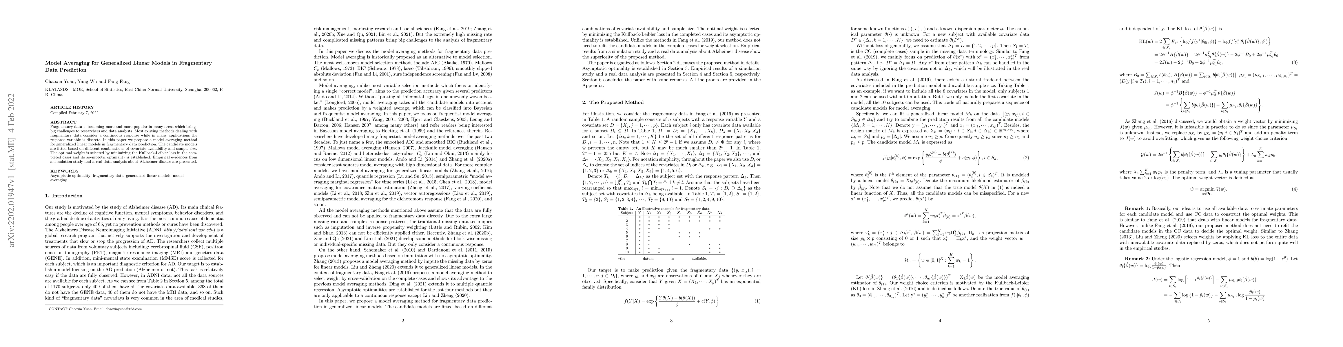 Thumbnail for Model Averaging for Generalized Linear Models in Fragmentary Data
  Prediction
