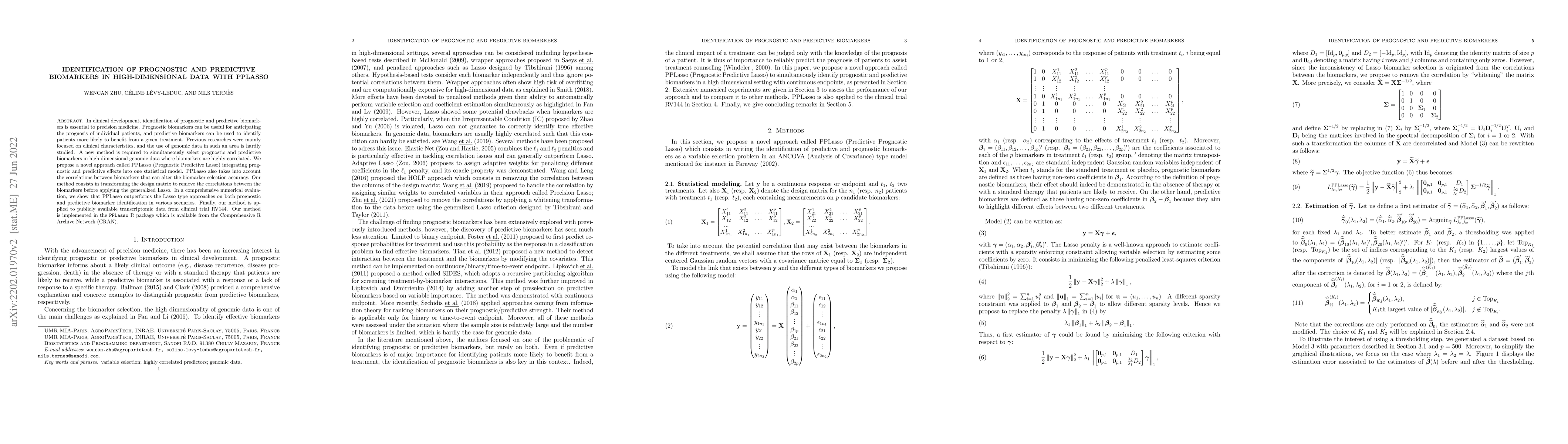 Thumbnail for Identification of prognostic and predictive biomarkers in
  high-dimensional data with PPLasso