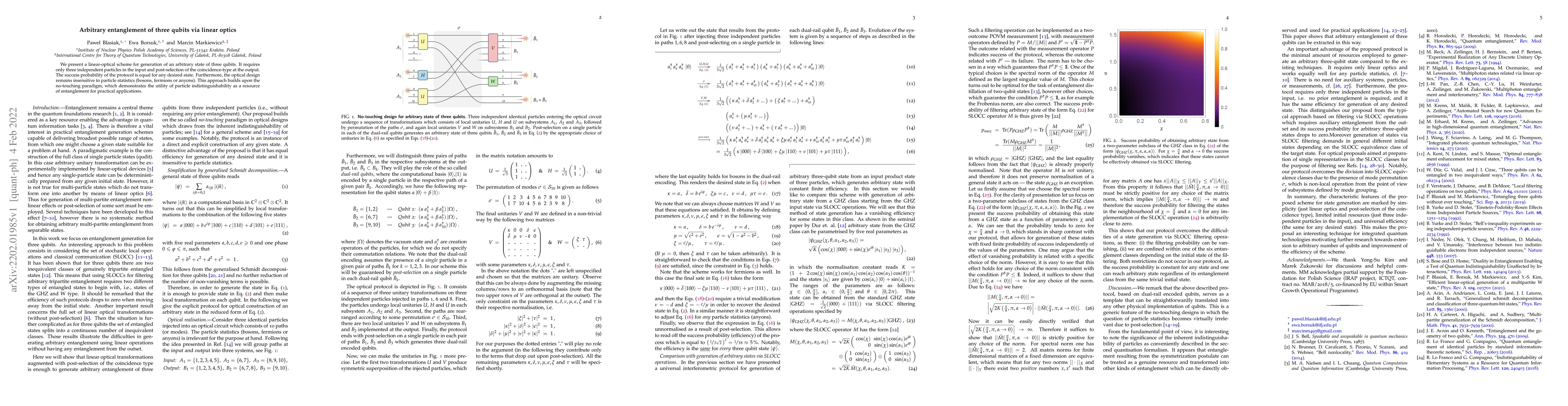 Thumbnail for Arbitrary entanglement of three qubits via linear optics