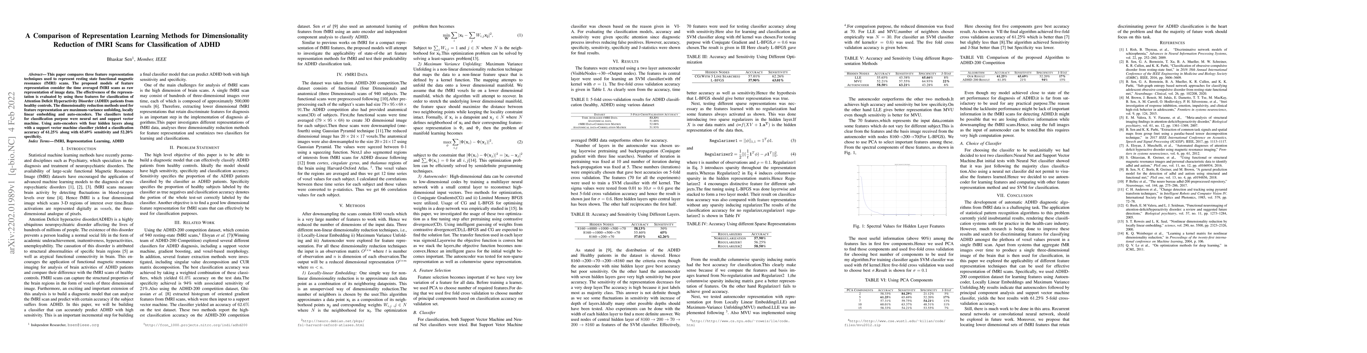 Thumbnail for A Comparison of Representation Learning Methods for Dimensionality
  Reduction of fMRI Scans for Classification of ADHD