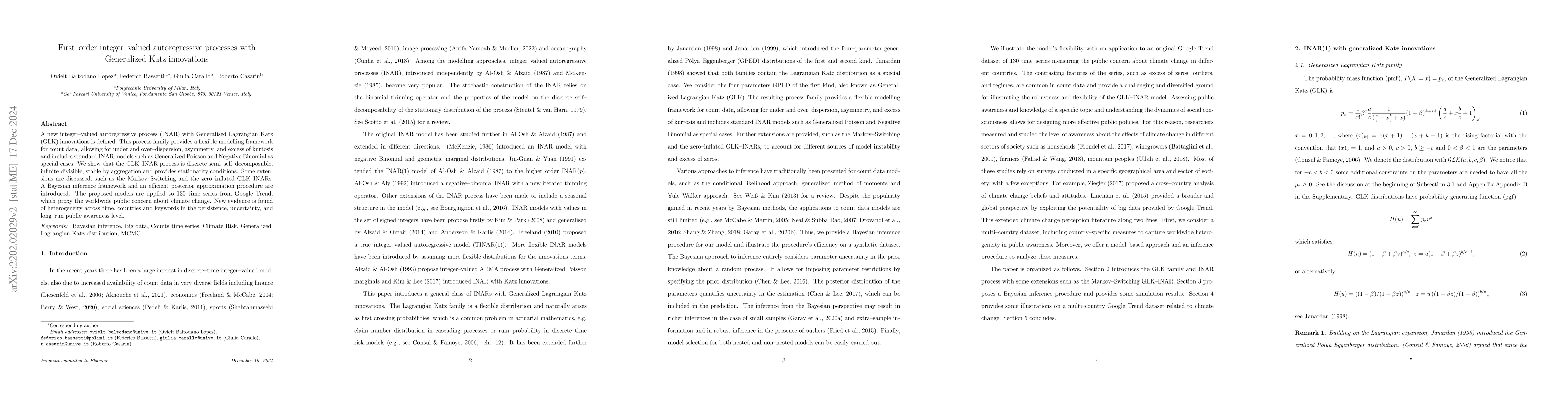 Thumbnail for First-order integer-valued autoregressive processes with Generalized
  Katz innovations