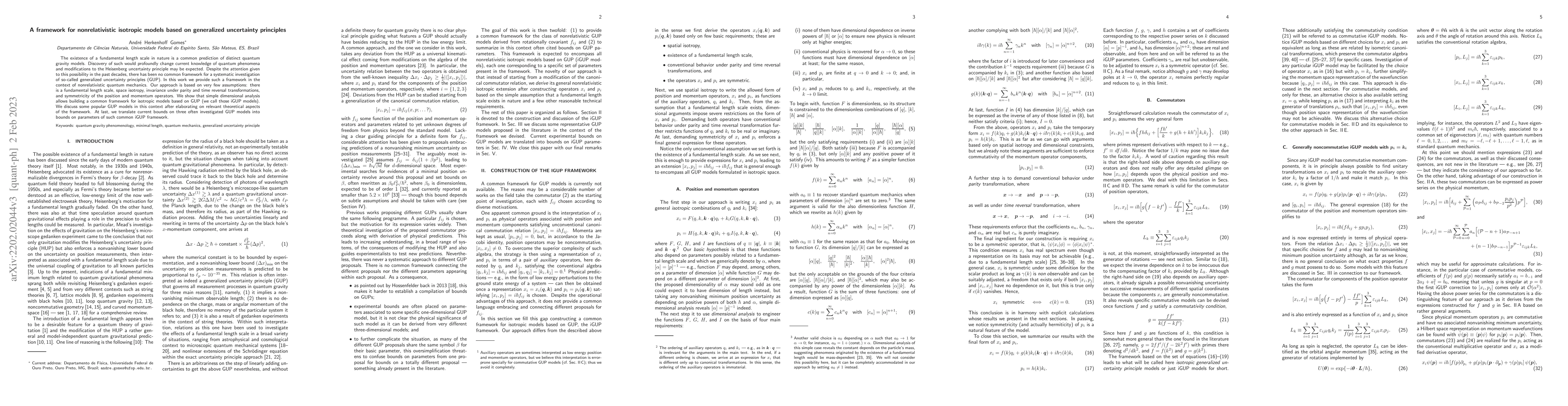 Thumbnail for A framework for nonrelativistic isotropic models based on generalized
  uncertainty principles