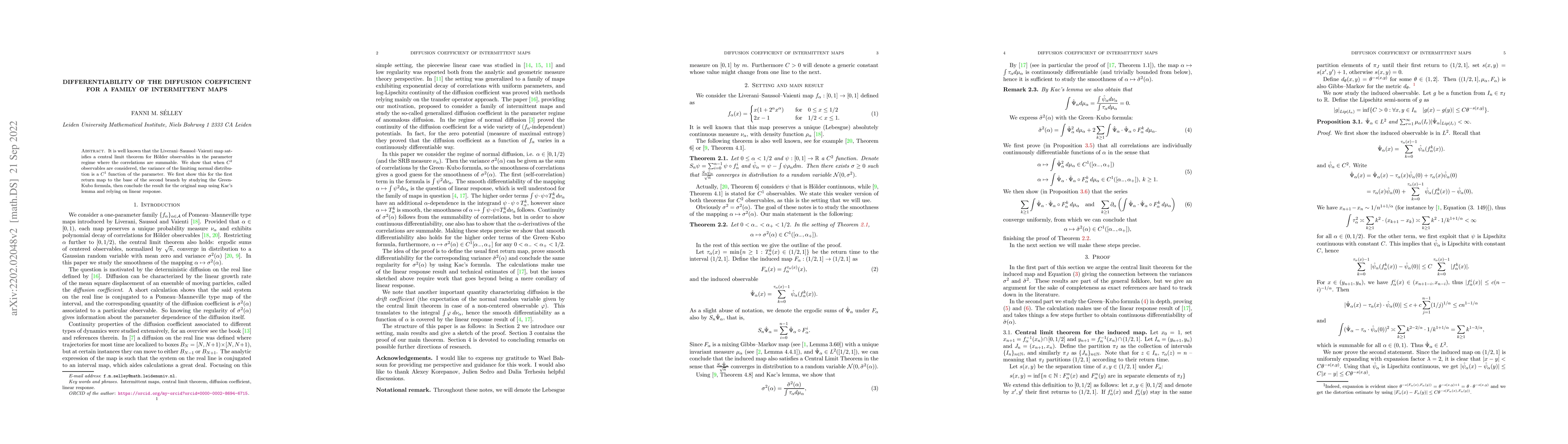Thumbnail for Differentiability of the diffusion coefficient for a family of
  intermittent maps