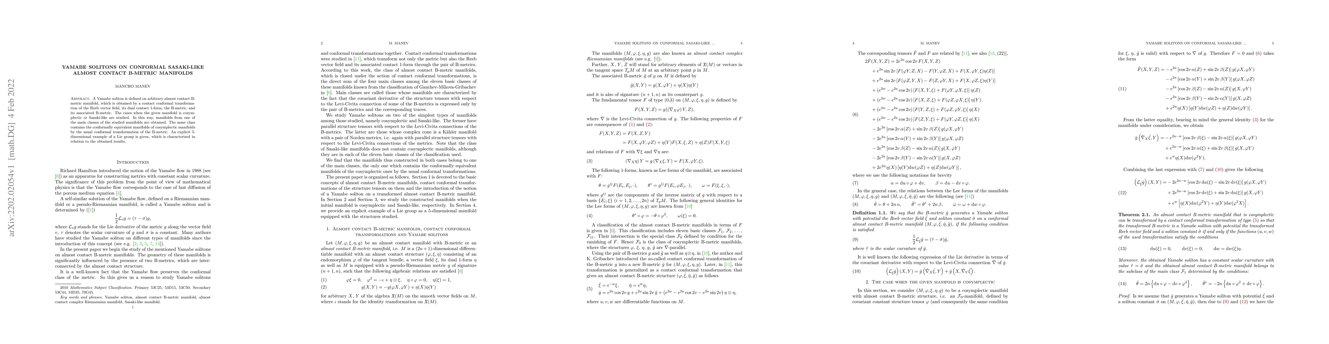 Thumbnail for Yamabe solitons on conformal Sasaki-like almost contact B-metric
  manifolds