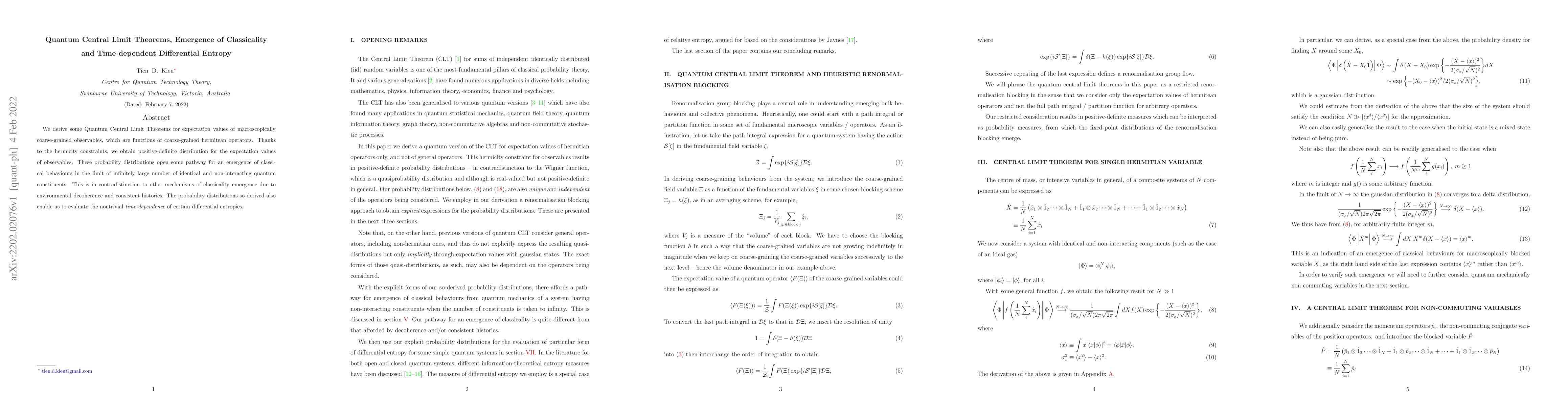 Thumbnail for Quantum Central Limit Theorems, Emergence of Classicality and
  Time-dependent Differential Entropy
