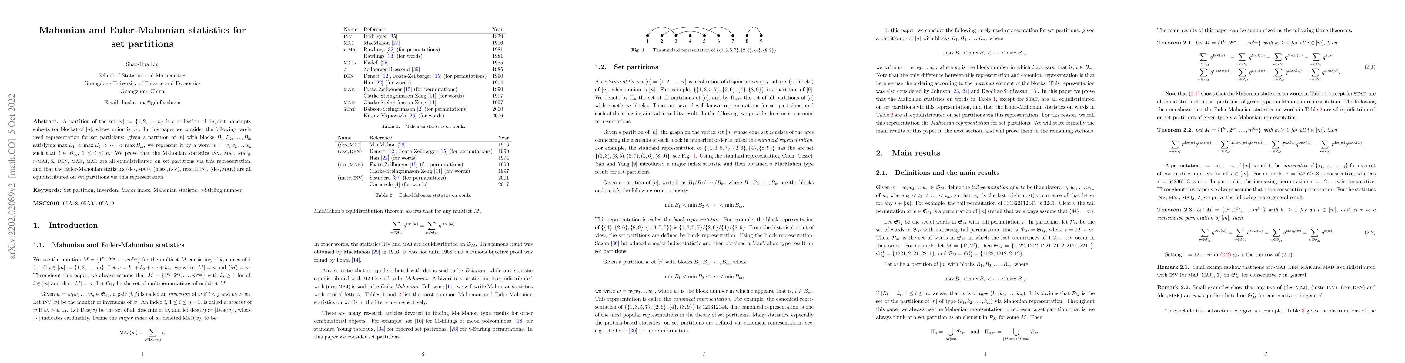 Thumbnail for Mahonian and Euler-Mahonian statistics for set partitions