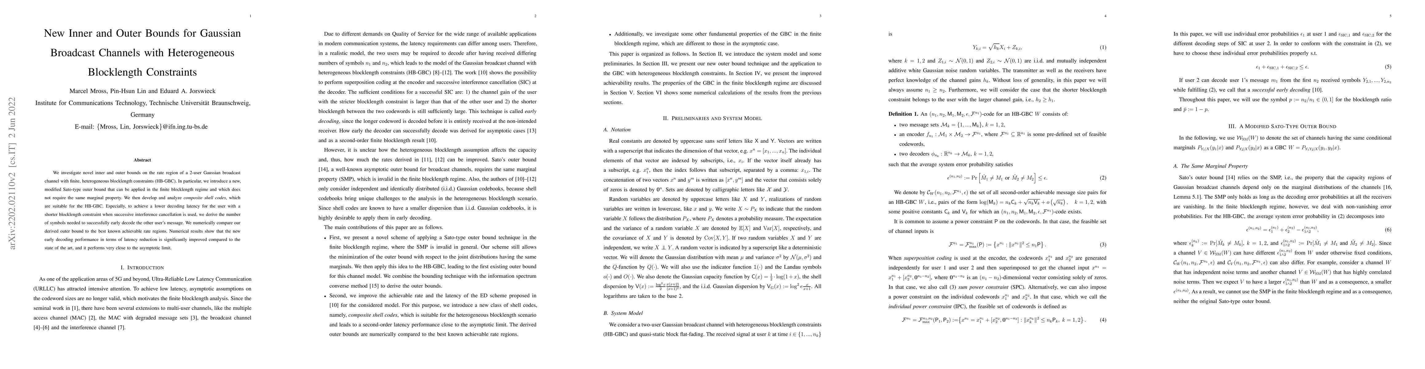 Thumbnail for New Inner and Outer Bounds for Gaussian Broadcast Channels with
  Heterogeneous Blocklength Constraints