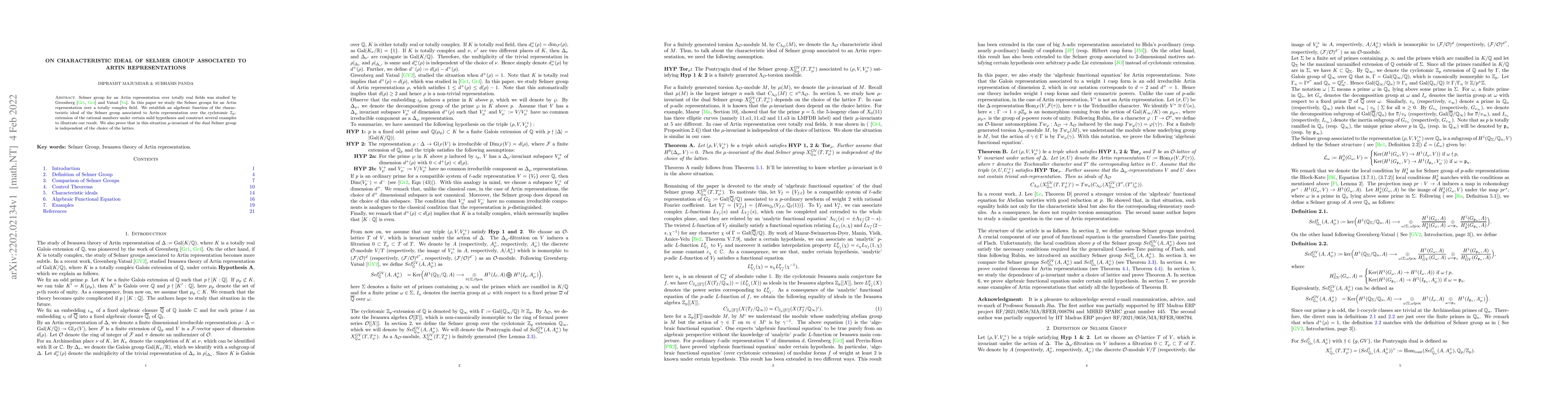 Thumbnail for On characteristic ideal of Selmer group associated to Artin
  representations
