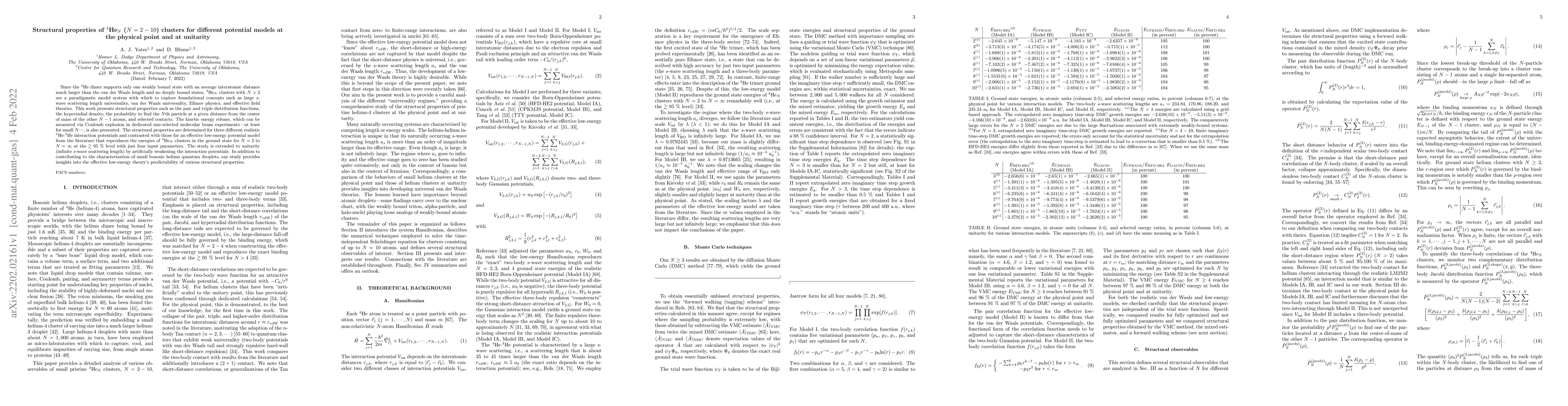 Thumbnail for Structural properties of bosonic He clusters with N=2-10 for different
  potential models at the physical point and at unitarity