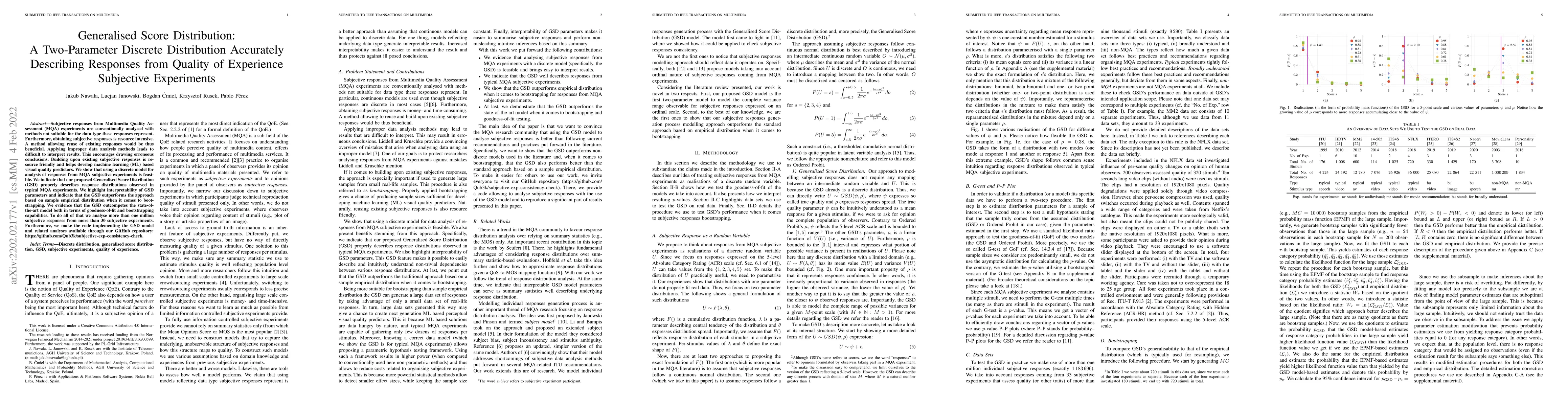 Thumbnail for Generalised Score Distribution: A Two-Parameter Discrete Distribution
  Accurately Describing Responses from Quality of Experience Subjective
  Experiments