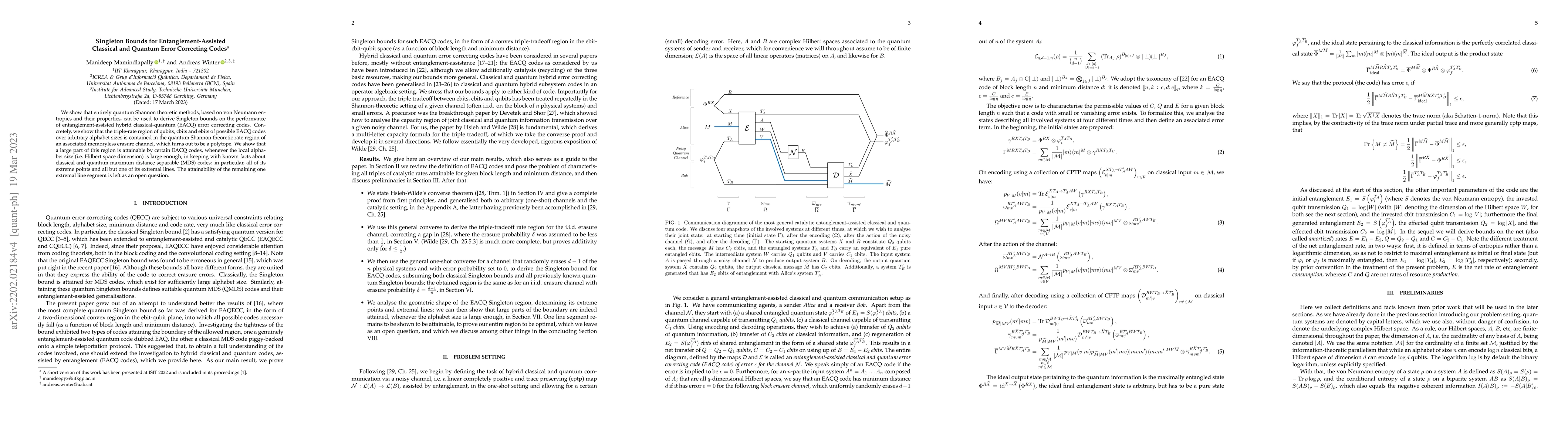 Thumbnail for Singleton Bounds for Entanglement-Assisted Classical and Quantum Error
  Correcting Codes